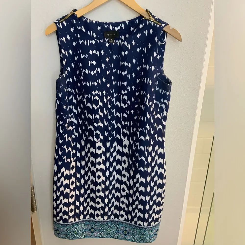 Ab Studio Sleeveles Sheath Dress Womens Size 8 Blue Knit Banded Hem Knee Length